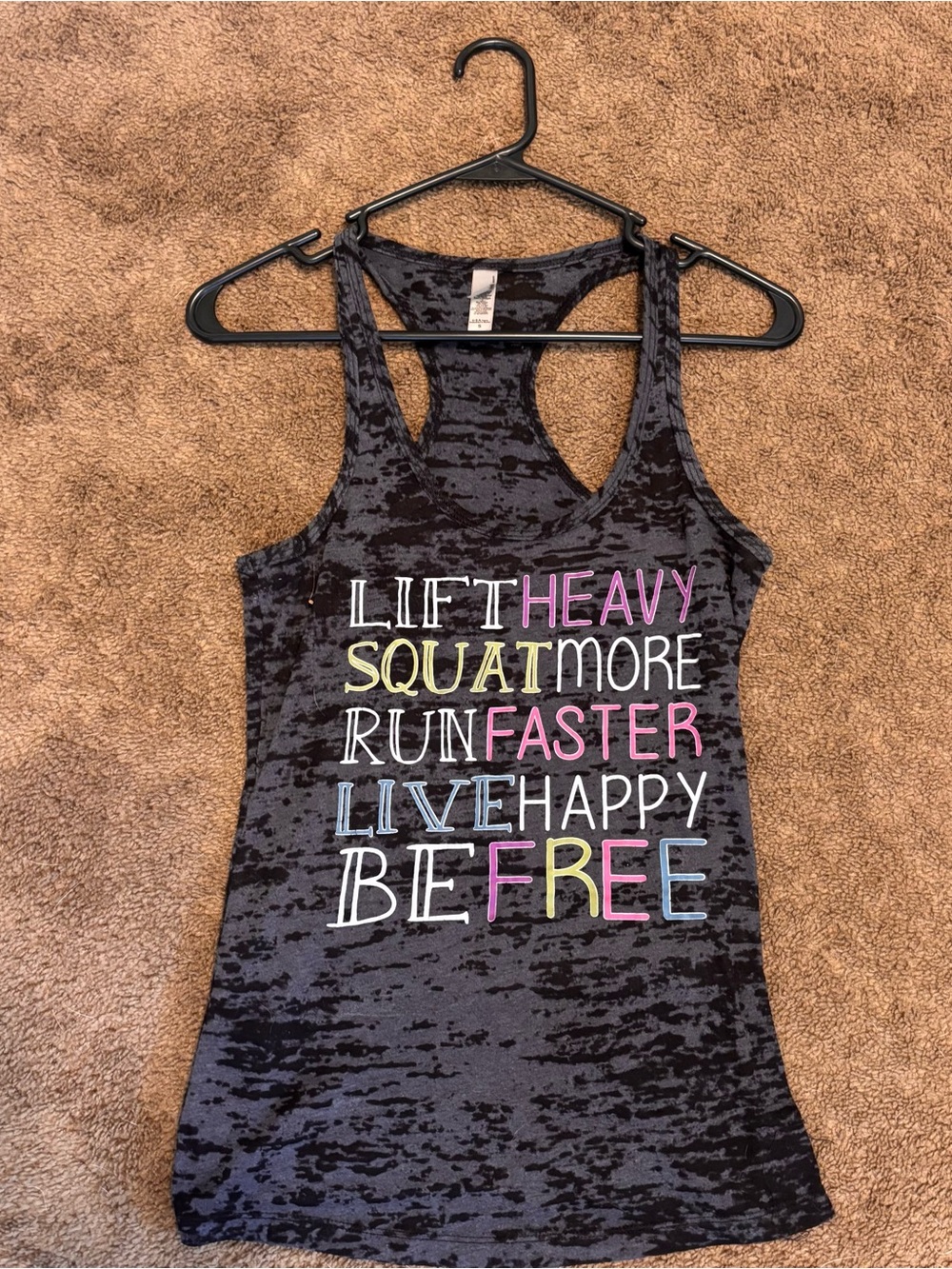 Next Level Apparel Black Burnout Racerback Tank with Colorful Motivational Text